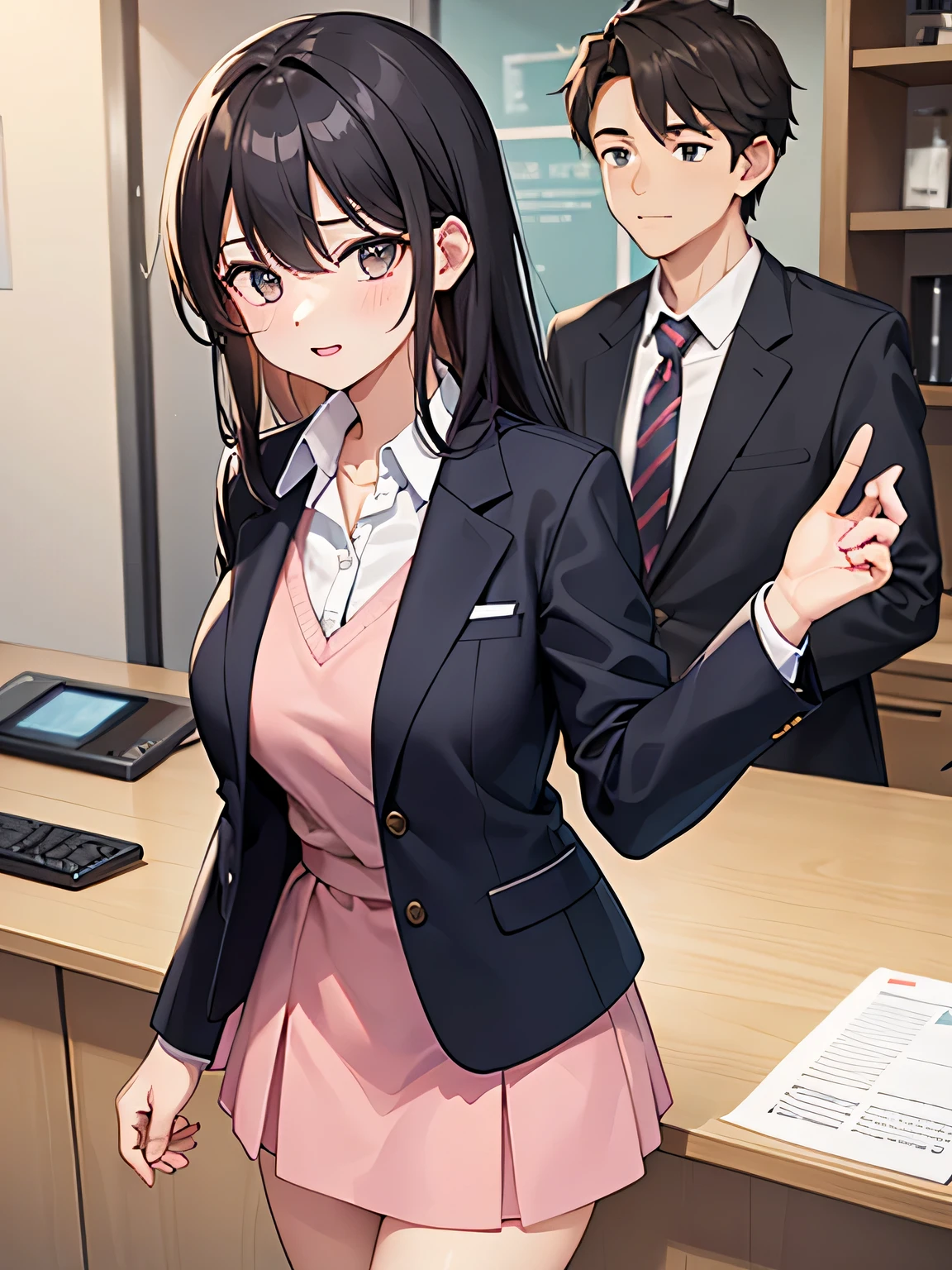 1, There are men and women behind the counter..
2,the woman is the receptionist, She is wearing a pink blazer and a pink skirt., An unfriendly person who hates men.
3,The man is an employee of this company、hitting the receptionist。.
4,The location is the company's large reception counter., The company logo is written in large letters on the back..