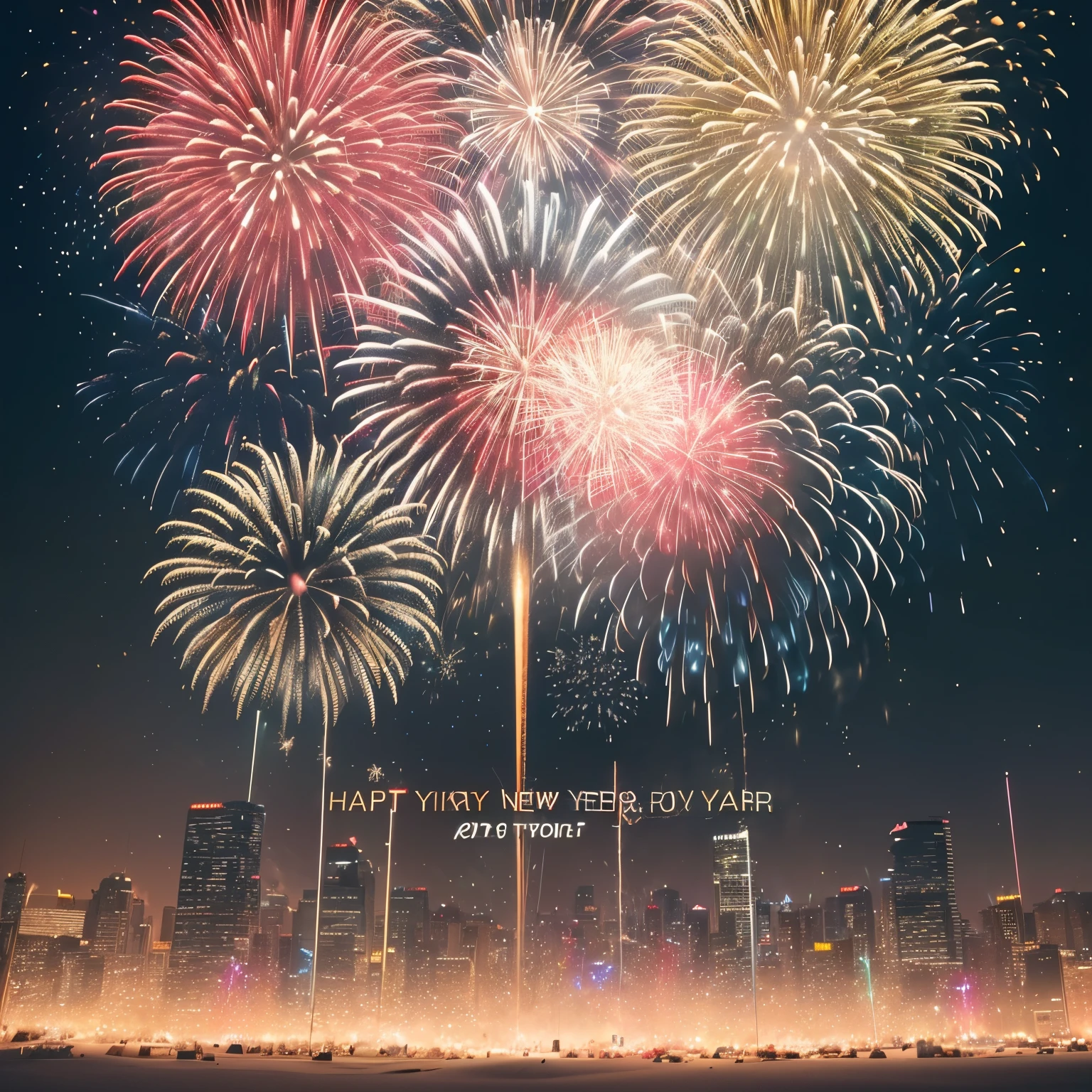 text:“2024 HAPPY NEW YEAR”, (best quality, 32k, RAW photo, incredibly absurdres, extremely detailed), the beginning of the new year, (big iridescent fireworks:1.3), gold, white and red confetti shining in the night sky, (delicate, flashy and dynamic depiction)