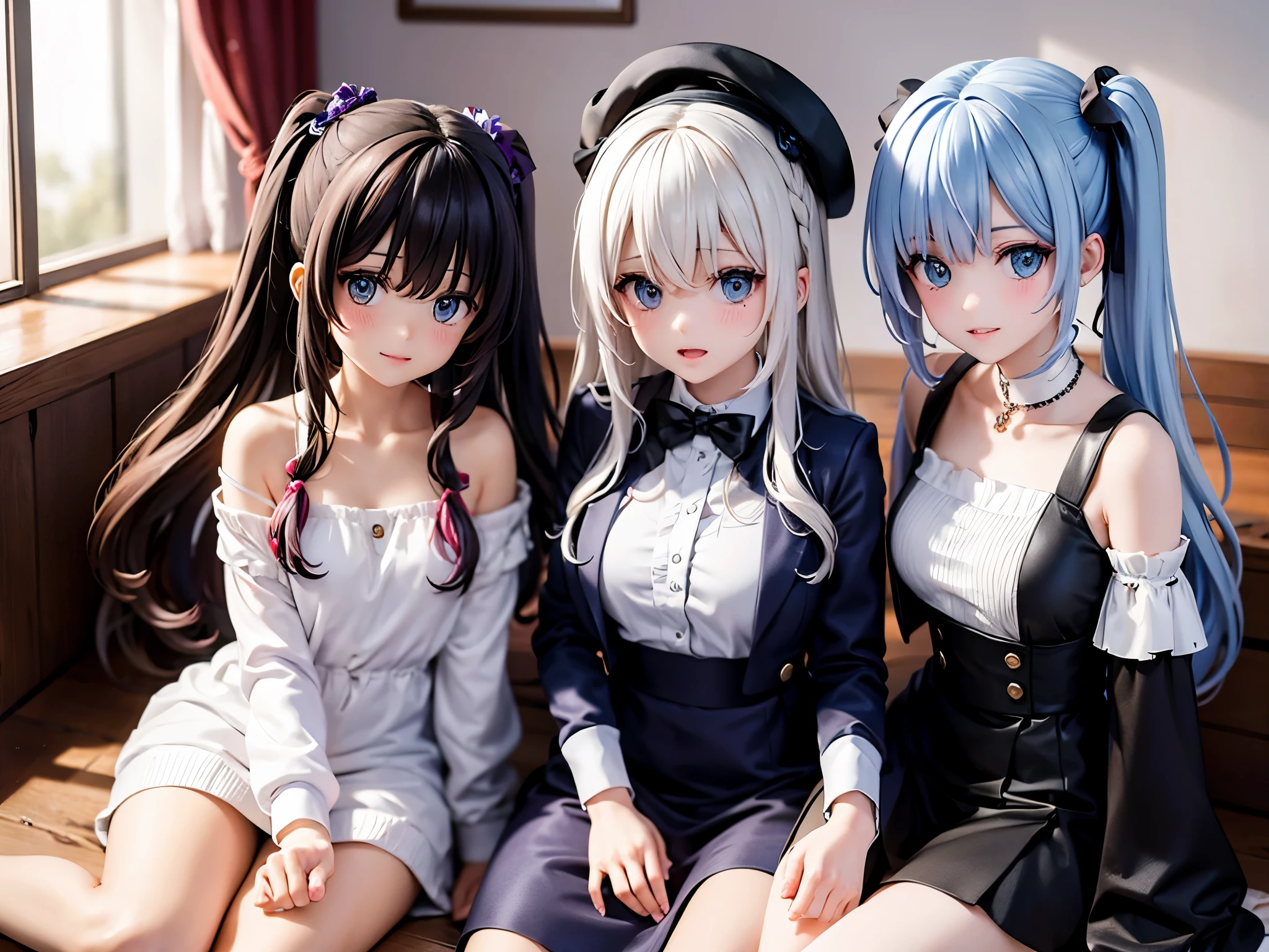 twins sister, hairstyles different, hair colors different,eye colors different, iris colors different, outfit styles different,