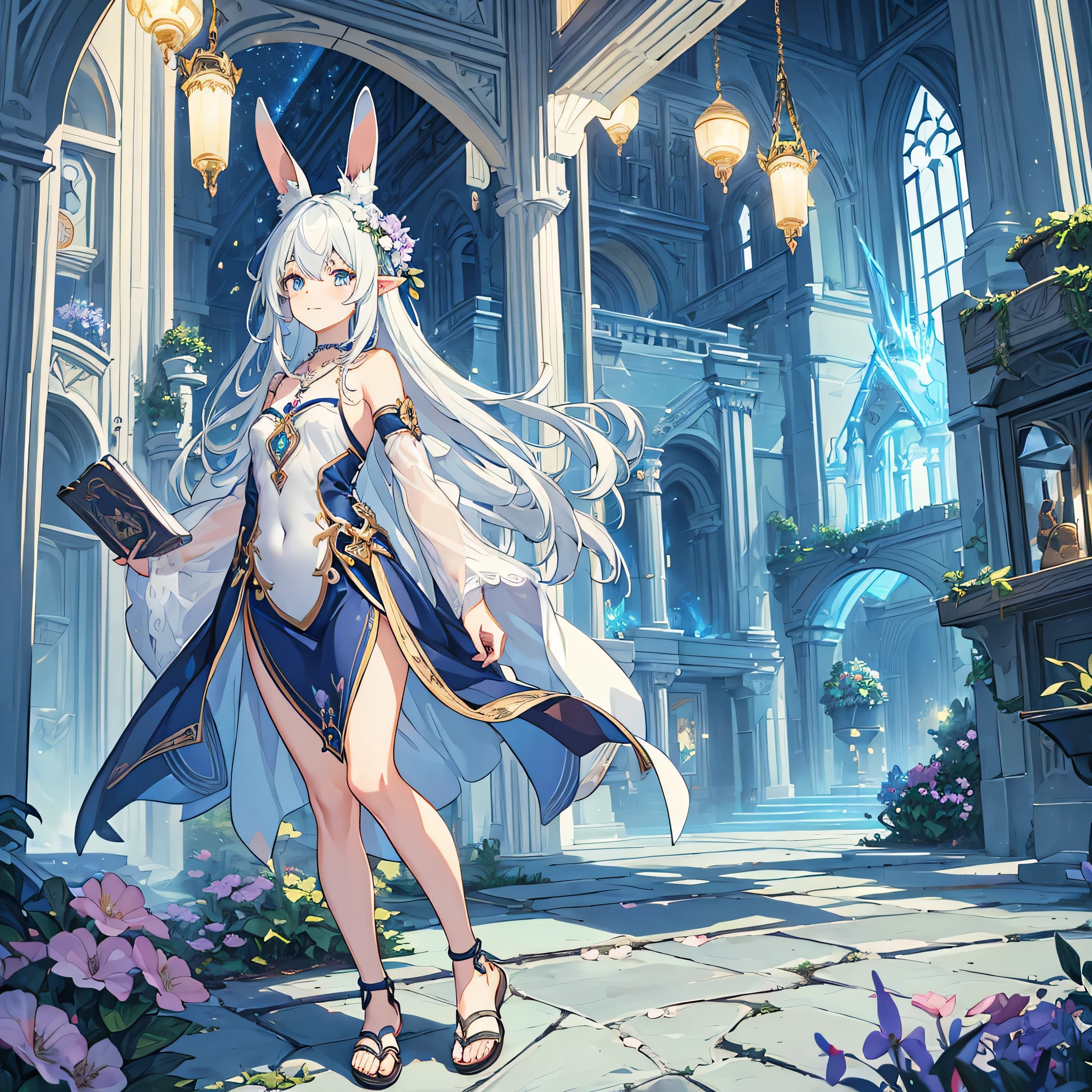 hightquality, hight resolution, Realistic anime style, chaos main color, top down camera angle, Whole body subject range, angle of looking back, Orientation of the subject facing forward, (rabbit ears and tail), Mysterious elf girl standing on a chaotic background, Ethereal lighting, Strange creatures as a subtheme, Still Pose, Beautiful facial features, nice smiling face, Long straight hair, Platinum Hair Color, casual fantasy costumes, Large eyes, small mouth, light blue eye color, Smooth skin texture, Sleeveless tops that expose skin, Moderate bust size, young age, Slim body type, Subtly attractive, Shell necklace as an accessory, Holding an erotic thin notebook, Wearing sandals, Floral embroidery, Surrounded by colorful animals and birds, mysterious space place, Mysterious objects in the background, Soft glowing lights as background effect, Unknown structure in the background, Falling petals and enchanting plants as natural elements, Sunnyday, daytime atmosphere, (Labyrinth Suite, Final Fantasy, Love Plus, Labyrinth Suite, Awakened inheritance, fascinating legend:1.2), (The picture is rich and delicate.:1.3), (illusion trick art:1.4),