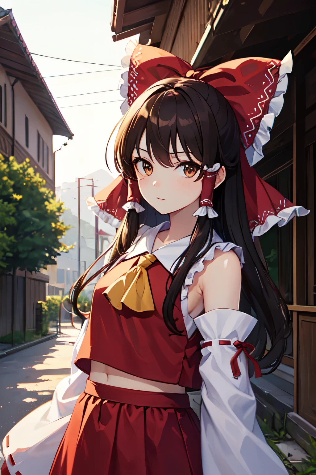 detailed background, masterpiece, best quality, 1girl, hakurei reimu, brown hair, hair tubes, hair ribbon, brown eyes, touhou project