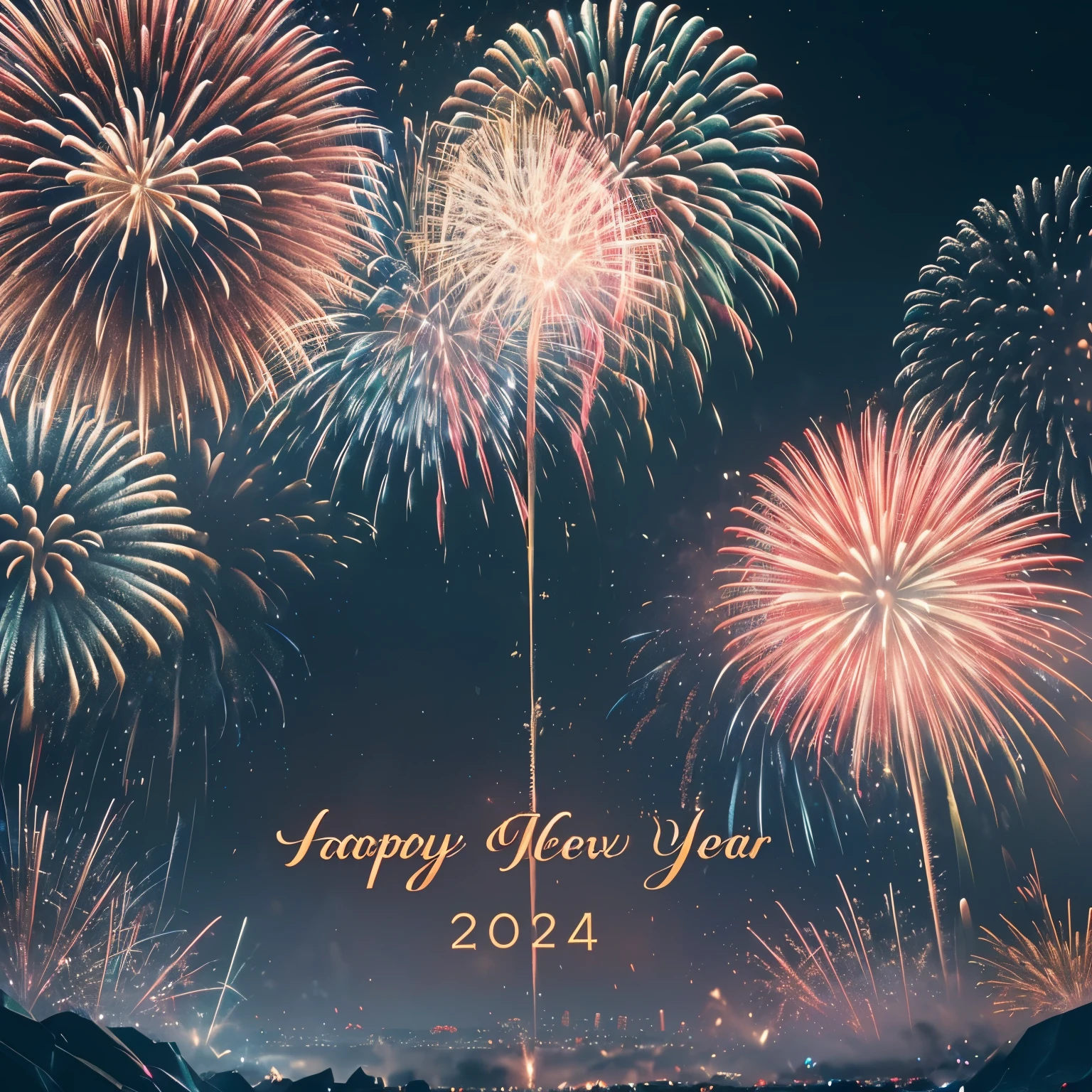 text:“2024 HAPPY NEW YEAR”, (best quality, 32k, RAW photo, incredibly absurdres, extremely detailed), the beginning of the new year, (big iridescent fireworks:1.3), gold, white and red confetti shining in the night sky, (delicate, flashy and dynamic depiction)