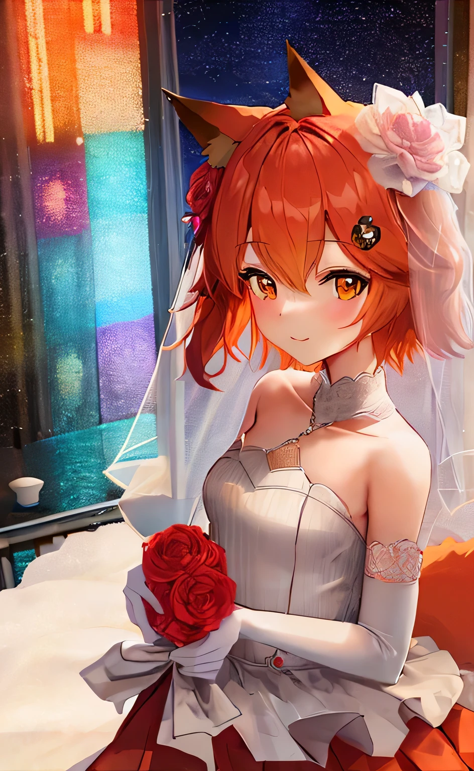 sen, animal ears, fox ears, fox girl, fox tail, hair flower, hair ornament, orange eyes, orange hair, short hair, tail, flat chest, A girl, handsome girl, looks directly at the viewer, Fox ears, max detail, Detailed hair, Detail Eyes, the night hotel, red night, The city, 4k, as sweet as possible, Wedding dress, holding flower, little smile, approaching to viewer