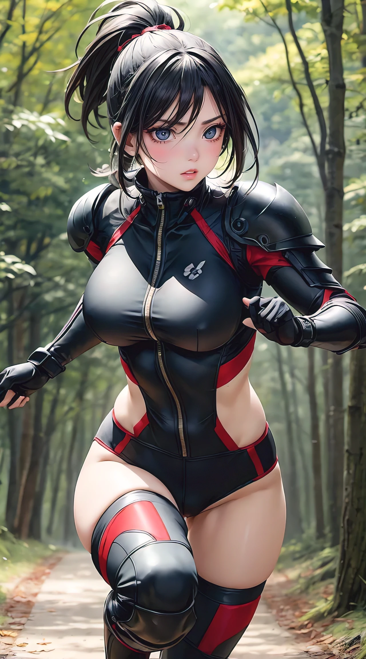 (masterpiece, best quality), perfect slim fit body, thick thighs, nice breasts. a european kunoichi, full ninja armor, charismatic, stylish, running pose, mixture of japanese and eastern europe motif, maple forest clearing with elaborate details, natural lighting
