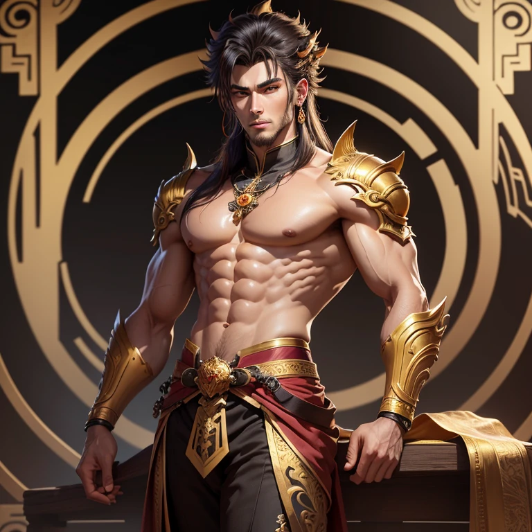 masterpiece,High quality,Top quality,super detail, best quality ,)hair detail ,skin details,body details,facial details,full body view,1 man,wukong,handsome,Tall body,blackjack,China,half monkey,golden color,