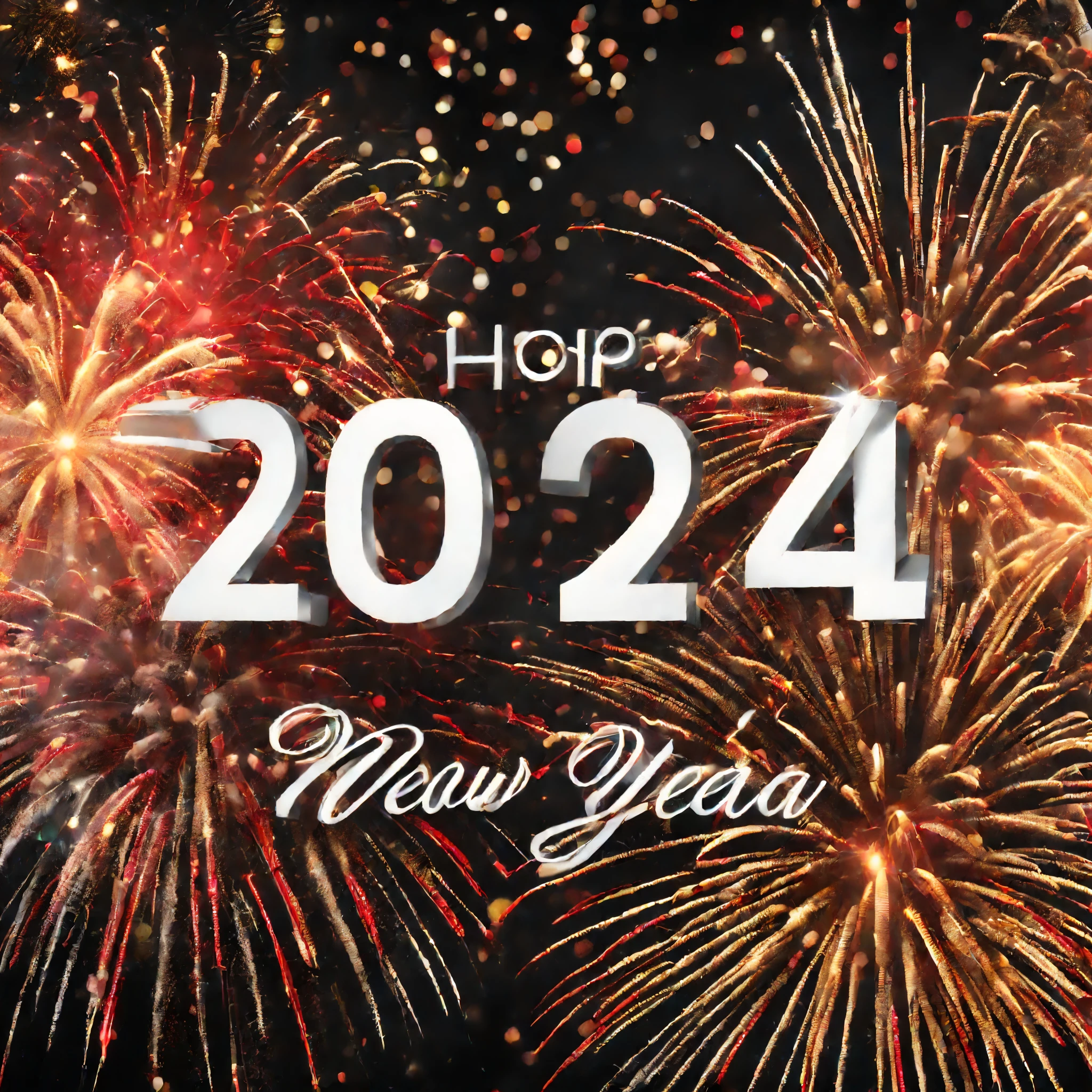 text:“2024 HAPPY NEW YEAR”, (best quality, 32k, RAW photo, incredibly absurdres, extremely detailed), the beginning of the new year, (big iridescent fireworks:1.3), gold, white and red confetti shining in the night sky, (delicate, flashy and dynamic depiction)