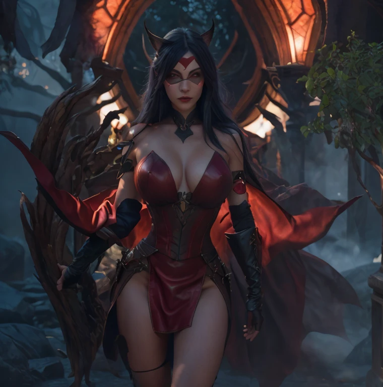 Highest image quality，Outstanding details，（Fidelity：1.4）a realistic , beautiful, nightelf, female. demonhunter, beautiful face, Big breast, female armor, skimpy black and red leather armor, full length portrait, Direct Sunlight, unreal engine,longeyelashes, solid circle eyes, light smile, white hair, long hair, wavy hair, blindfold, pointy ears, makeup, evil, Surrealism, drop shadow, anaglyph, stereogram, pov, atmospheric perspective, Realism, Hyperrealism, cinematic lighting, 8k, super detail, ccurate, best quality, UHD, masterpiece, anatomically correct, award winning