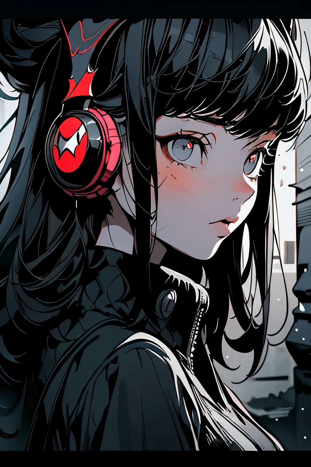 ((Close mid-shot)), Krenz cushart style, grey somber filter, ultra detailed visually rich 2d cartoon manga concept art illustration of a girl from persona 5 wearing headphones walking down a street, (((candid photography))), luminous and enchanting, dark and eerie, lit dark fantasy realm, (((rule of thirds))) depth of field intricate details, subtle colors, fantastical realm, extremely detailed, ultra sharp focus, light particles, attention to detail, grandeur and awe, cinematic, stunning visual masterpiece, double exposure, photorealistic, cinematographic scene, highest quality, 32k, octane render. Lekrot