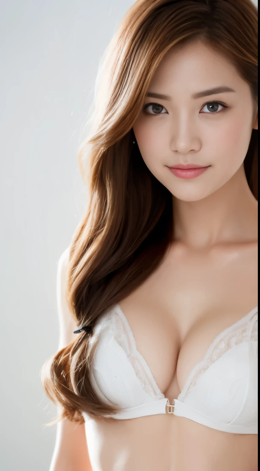 ((The highest image quality, 8K, tmasterpiece:1.3)), 1girll, Beautiful woman with slender abs:1.3, (Casual hairstyle no leaks:1.2), Low Cut Bra,Oversized,Ultra-fine face, A detailed eye, 二重まぶた,ssmile,Home,The figure is very bad,tiny small waist,Super big breasts,close-up,close-up chest,White-skinned,The background is casual,close-up Shot Shot