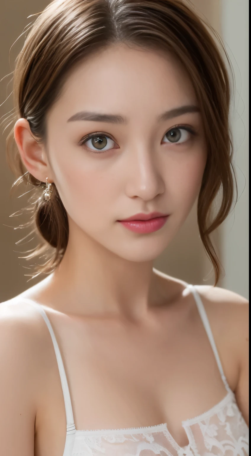 ((best quality, 8k, masterpiece: 1.3)), 1 girl, Slim Abs Beauty: 1.3, ( Casual and cute hairstyle: 1.2), : 1.1, Charming face expression of enjoyment and desire, Detailed eyes, double eyelids, With earrings, bedroom, Concert makeup, ((Medium breasts nude, cute breasts)), (Lying in bed), (The portrait was taken from above her lying body)