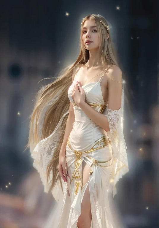 Masterpiece Fantasy woman in a white dress with long gold hair, a stunning young, young goddess, goddess of light,photo realistic,,perfect skin,full body,perfect body,keep same pose,sexy look,keep the same dress,best quality