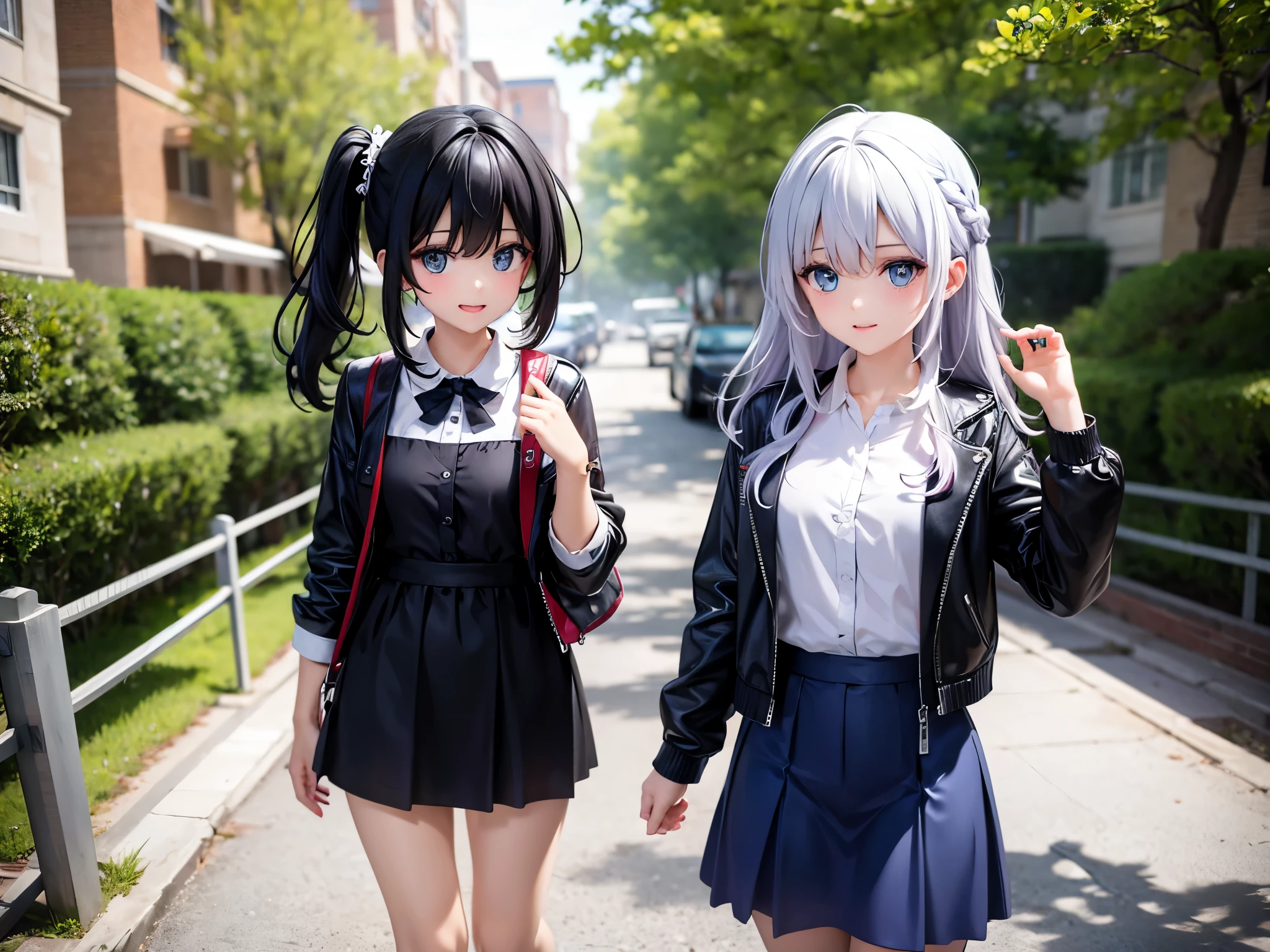 twins sister, hairstyles different, hair colors different,eye colors different, iris colors different, outfit styles different,