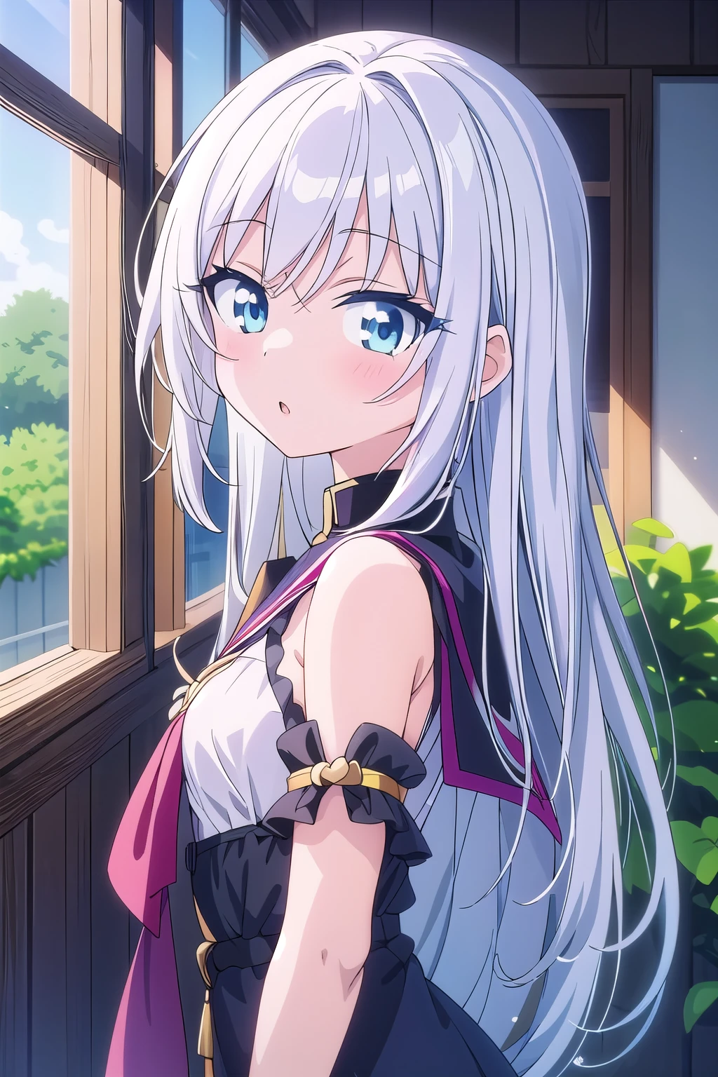 蓝眼睛of anime girls坐在有植物的房间里, Anime visuals of a cute girl, Girl with white hair, perfect white hair girl, Anime cute art style, smooth anime cg art, 可爱of anime girls, of anime girls, extremely 可爱of anime girls face, 年轻of anime girls, 可爱of anime girls portraits, 美丽of anime girls, Beautiful anime high school girl,There is a big "cypress" character behind it