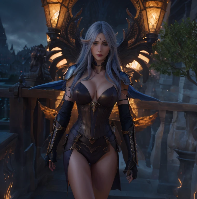 Highest image quality，Outstanding detailidelity：1.4）photo realistic, nightelf, female. demonhunter, beautiful face, sexy female leather armor, full length head to toe portrait, big breast, unreal engine,longeyelashes, white hair, long hair, wavy hair, blindfold, pointy ears, makeup, evil, , Realism, Hyperrealism, 8k, super detail, accurate, best quality, UHD, masterpiece, anatomically correct, award winning, city of stormwind in the background