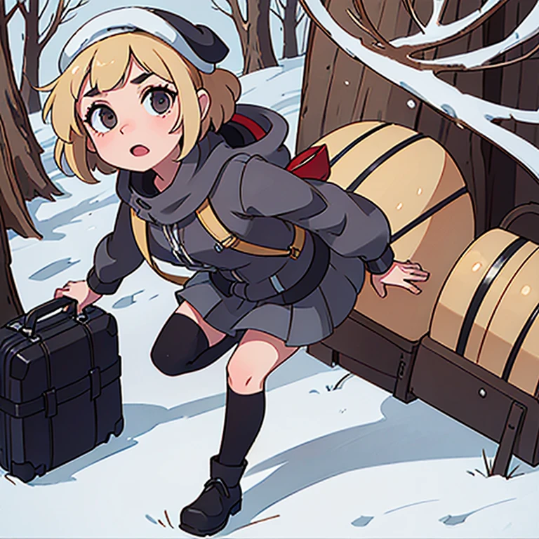 Young short finnish girl, blonde short hair, brown eyes, brown cross bag, long grey winter coat, long nay blue skirt, black winter boots, red british style beret hat, traveling alone, far away from the picture, large winter forrest