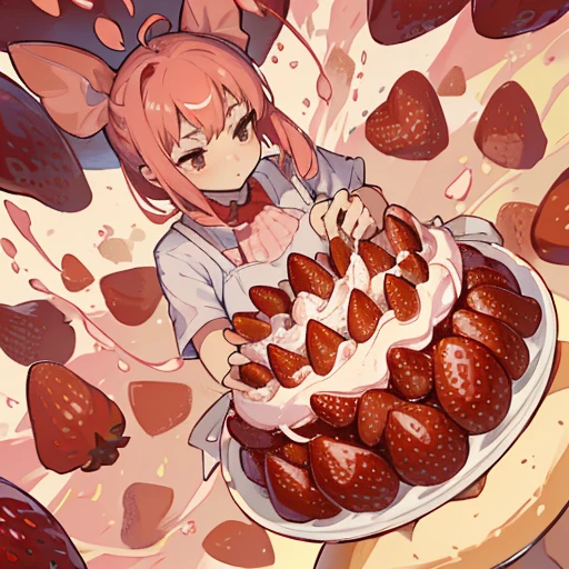 A pastry chef covered in strawberry parfait serving a giant strawberry、Amazing dynamism、Amazing Angle、Unstable buoyancy sandstorm、(((Many friendly giant strawberries float closely together and chase each other.)))。surround each other'giant strawberry、