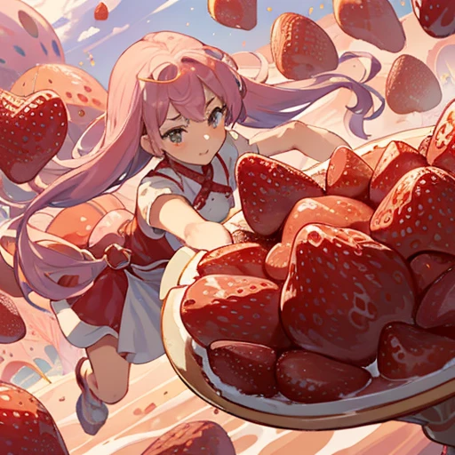 A pastry chef covered in strawberry parfait serving a giant strawberry、Amazing dynamism、Amazing Angle、Unstable buoyancy sandstorm、(((Many friendly giant strawberries float closely together and chase each other.)))。surround each other'giant strawberry、