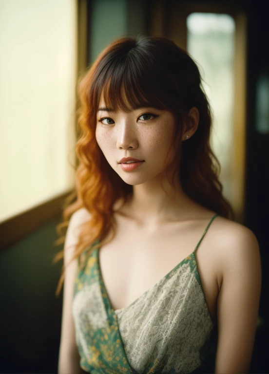 Beautiful asian woman with freckles, candid, seductive, intimate, 35mm film photo, analog inspiration