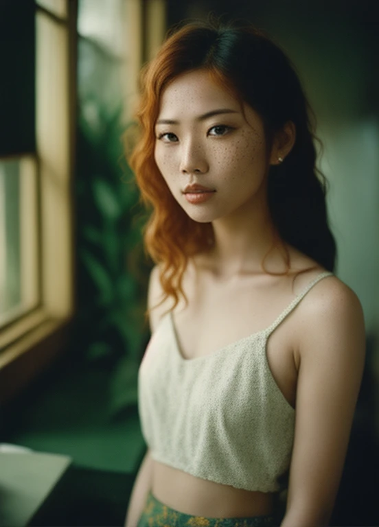 Beautiful asian woman with freckles, candid, seductive, intimate, 35mm film photo, analog inspiration