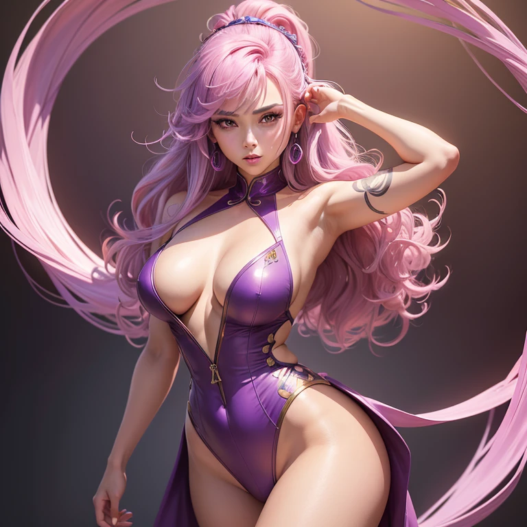 (masterpiece,High quality,Top quality,super detail, best quality ,)hair detail ,skin details,body details,facial details,full body view,1women,beautiful,purple pink hair,brightly colored clothing,