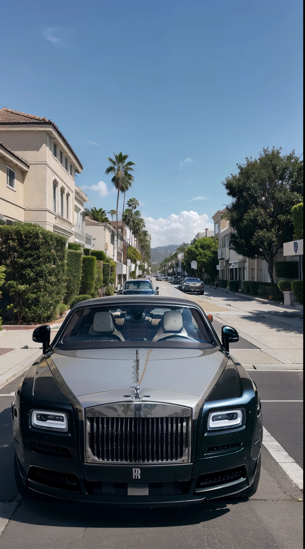 Crie a imagem de um carro ((Rolls Royce)) Parked on a sidewalk in Beverly Hills