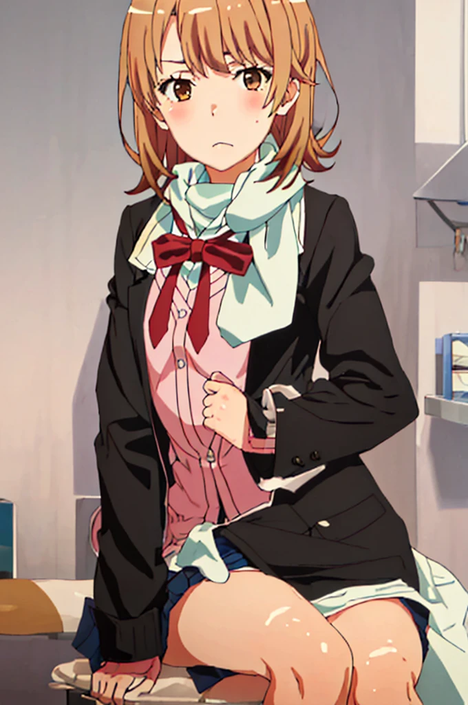 Best Quality, masutepiece, highly res, Solo, {one color_iroha_teiru in yahariorenoseishunlovecomewamachig:1.15}, brown_hair, Short_hair, Blazer, brown_Eyes, 1girl in, Bangs, Black_Jacket, Bow, Body, white, blush, Closed_bocchi,bedroom, breastsout,Muscle growth、wrapping a towel around his naked body