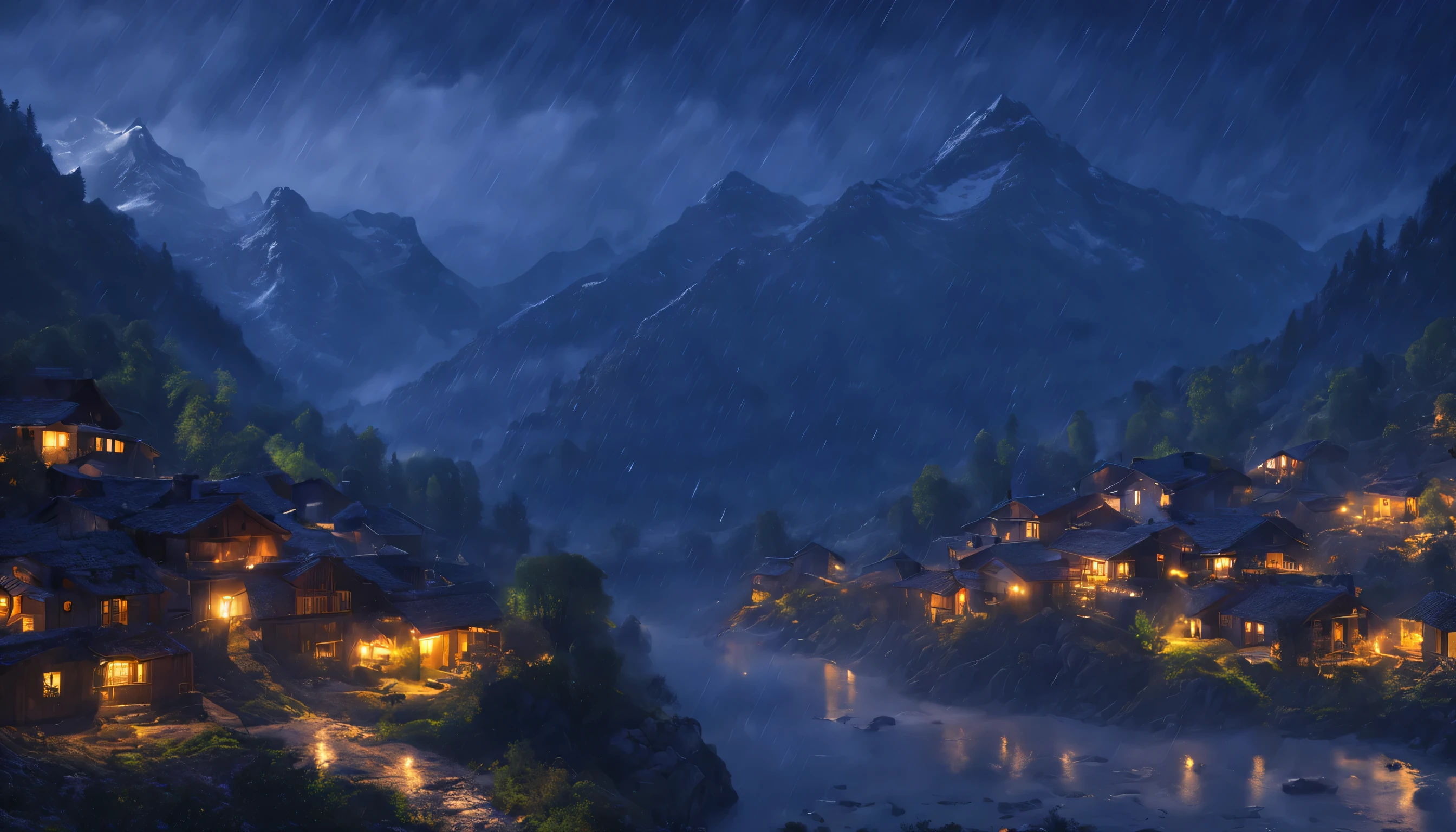 mountain village at night, raining, some houses little light shining, trees and mountain
