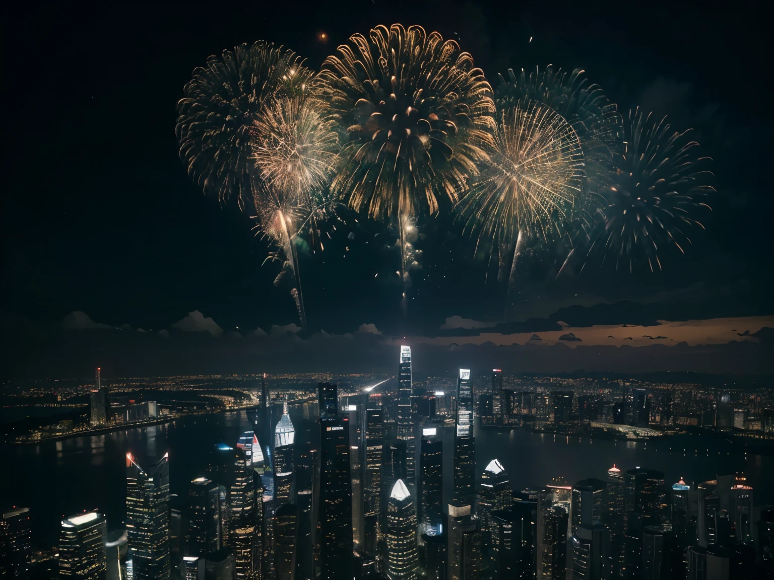 ultra wide angle,(best quality,8k ultra-detailed,cinematic shot,masterpiece:1.3,sharp focus:1.5,photorealistic:1.3), marina bay sands, night city background, large fireworks in night sky, bustling city streets, dynamic movement of the fireworks, a sense of anticipation and celebration in the air, magical and enchanting scene, perfect blend of surreal and realistic elements