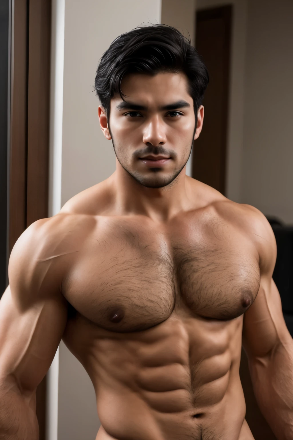 Handsome and hunk man, Hairy chest, black hair, 24 years old