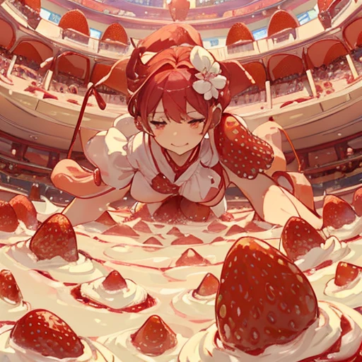 A pastry chef covered in boiling strawberry parfait ramen serving a giant strawberry、Amazing dynamism、Amazing Angle、Whirlpool sandstorm of unstable buoyancy、(((Many friendly giant strawberries float closely together and chase each other.)))。surround each other&#39;giant strawberry、
