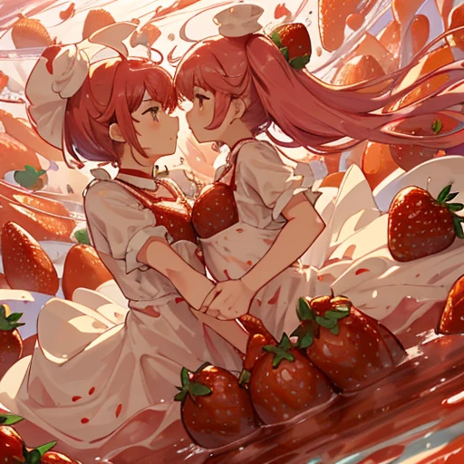 A pastry chef covered in strawberry parfait serving a giant strawberry、Amazing dynamism、Amazing Angle、Unstable buoyancy sandstorm、(((Many friendly strawberries float closely together and chase each other.)))。surround each other&#39;strawberry、