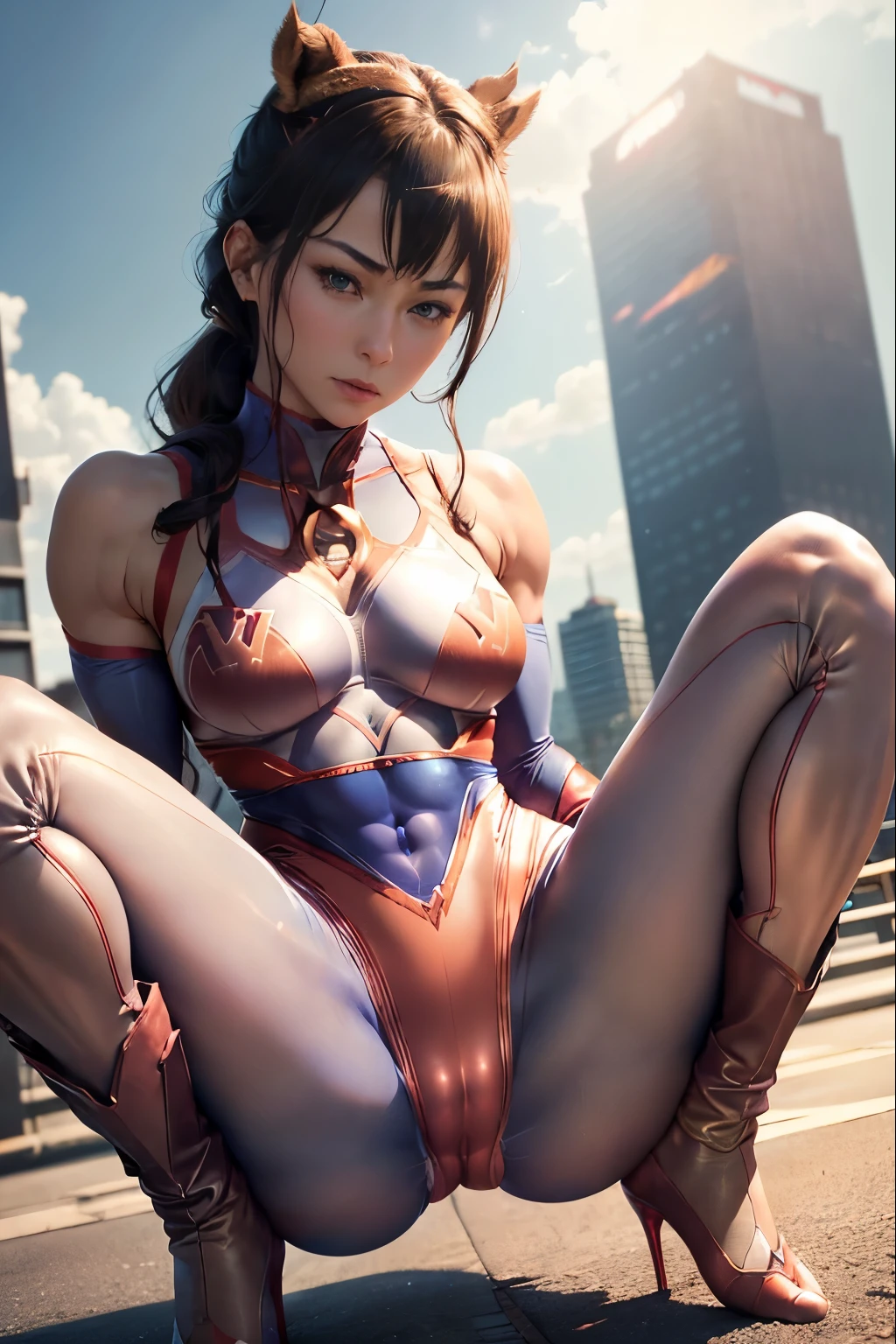 NSFW、((low angles))、(((Photo from the front of the body)))、top-quality、Top image quality、​masterpiece、Create Japan Women, Day Park Bench, Black shiny hair,  student, Ponytail hair with bangs, Blue Eyes and Igamem Realistic RAW 8K, The top of a skyscraper shining in the blue sky, Lens Tips, Superman S, ((Uniform style separate costume for athletics))、((sleeve less))、Superman's Supergarment is Blue Metallic、abdominals、(((Small red metallic panties))), (((highleg)))、(((cameltoe:1.5))), bulge in panties, female pervert々Lion Junior,　(embarrassed from)、red blush, ((Sweat)), Superman S symbol on background、(((Squatting on the ground)))、(((Squat)))、(((Open your crotch wide from side to side))), (((Show me spread your legs)))、(((Long boots in red metallic　pin heels)))、(Arms behind the head)、(Show off your armpits)、gazing at viewer、Show your crotch to viewers、Professional filming、profetional lighting、natural soft light、