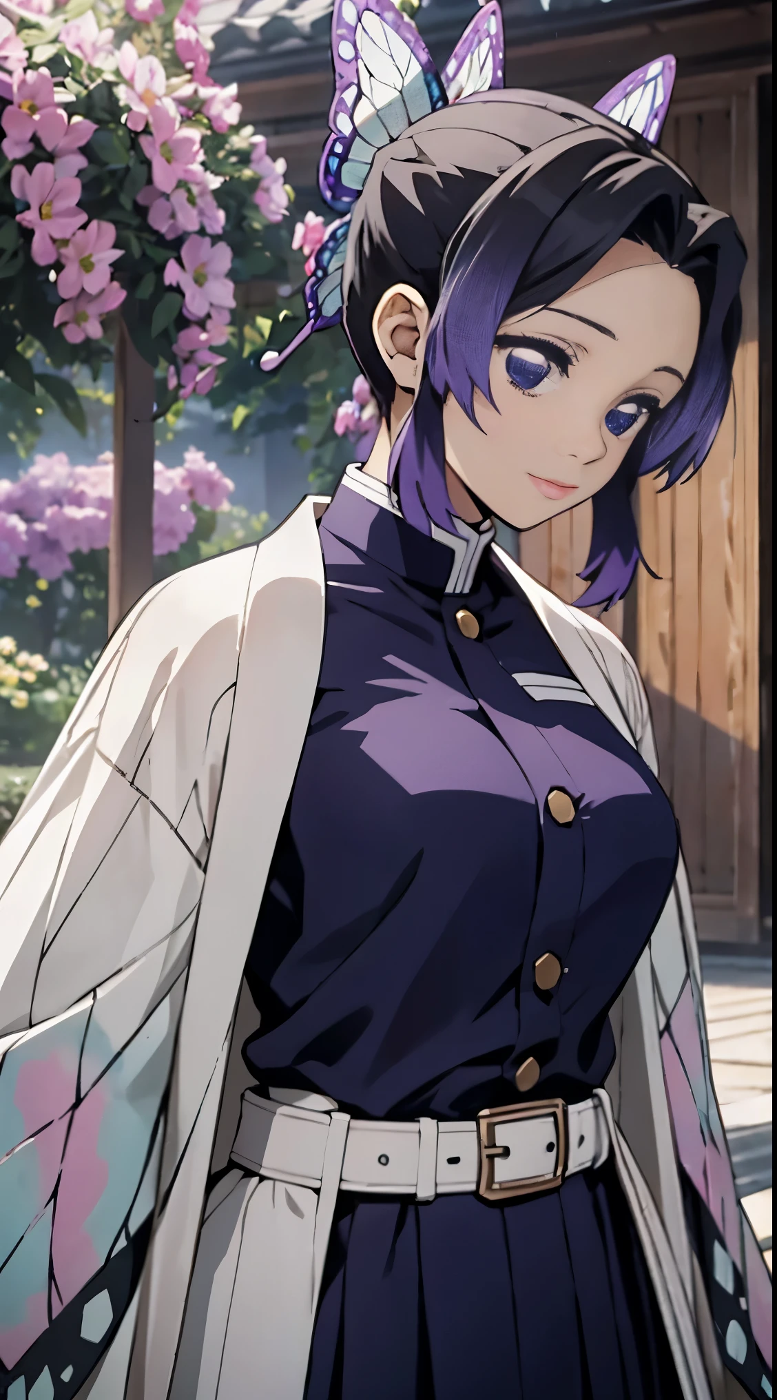 masterpiece,Ultra detailed backgrounds,delicate patterns，Best intricate and detailed quality, very detailed faces，Highly detailed eyes and faces，Very detailed eyes，kochou shinobu,cabelo multicolorido，No bangs，Hair intake，Purple Eye，haori，butterflys，（Torpical Garden：1.2），purple flower，mostly cloudy skyporn，rays of sunshine，Tyndall Effect，Saber on the waist，enchanting posture,middle breasts,cowboy shot,