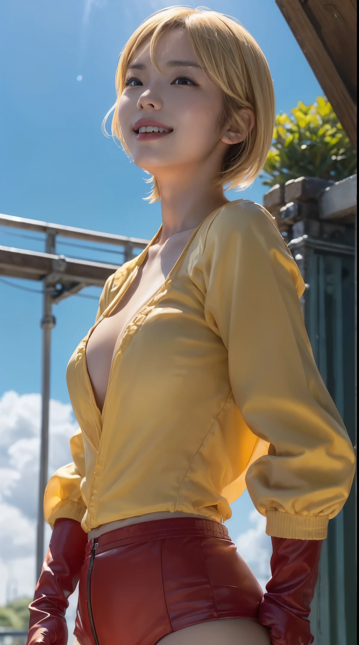 (Muscular:1.7), (thick thighs:1.8),
blonde woman, (big smile:1.5), blunt bangs, (long hair:0.9), (ponytail:0.8),
hard nipples, (small breasts:1.5),
(eyeshadow, lipstick, earrings), (choker, yellow sundress:1.6),
(looking at viewer:1.2), (three quarter view:1.3), (upper body view:1.2),
rim lighting, detailed skin, detailed eyes