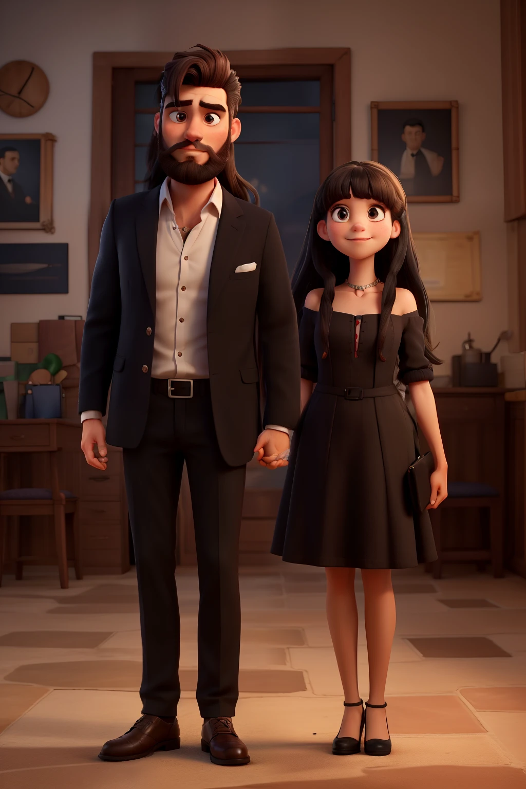handsome man, dark hair and dark full beard, short beard, girl has long straight black hair with bangs, cute face, long hair, straight hair,