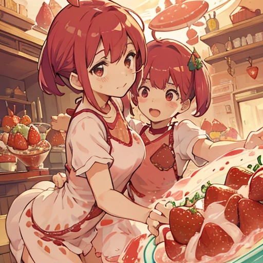 Pastry chef clothes dirty from strawberry parfait serving strawberries、Amazing dynamism、Amazing Angle、Unstable buoyancy sandstorm、(((Many friendly strawberries float closely together and chase each other.)))。surround each other'strawberry、