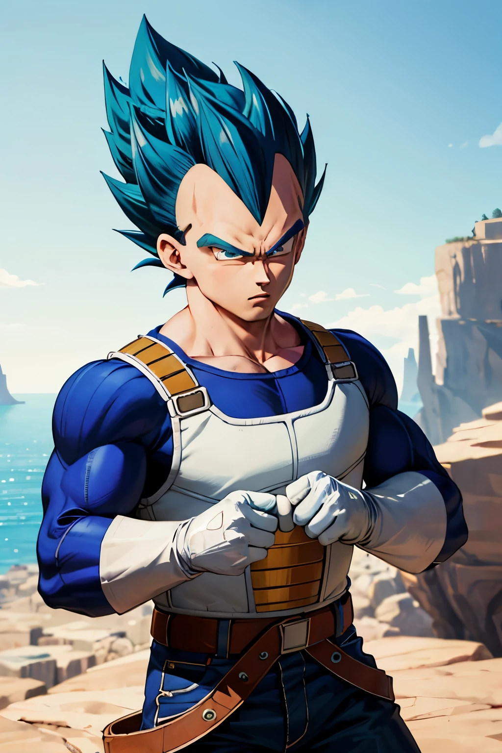 (masterpiece, best quality: 1.2), cowboy shot, solo, male focus, 1boy, vegeta, serious, looking at the viewer, spiked blue hair, green eyes, armor, white gloves, martial arts