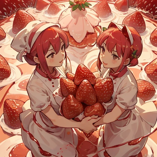 A pastry chef covered in strawberry parfait serving a giant strawberry、Amazing dynamism、Amazing Angle、Unstable buoyancy sandstorm、(((Many friendly strawberries float closely together and chase each other.)))。surround each other'strawberry、Terrible strawberry stain on clothes
