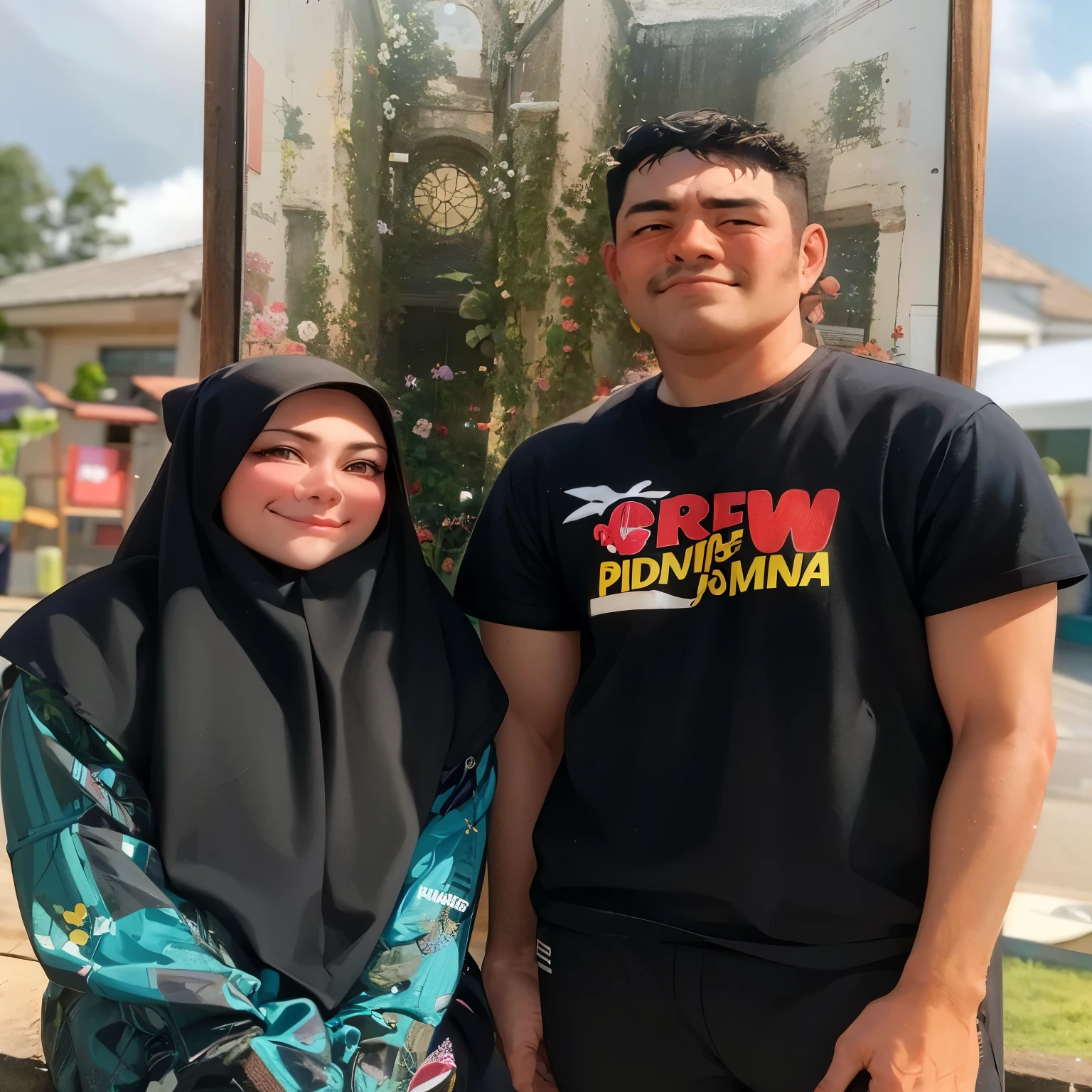 they are standing in front of a mirror with a picture of a man and woman, with her long, ๐ญ ๐คฎ ๐ ๐, in background, full protrait, lovely couple, it idn't greasy, moutain in background, potrait, momma and papa, in the background, smooth in _ the background, scenary, ๐๐คก, couple the women make her naked sexy body