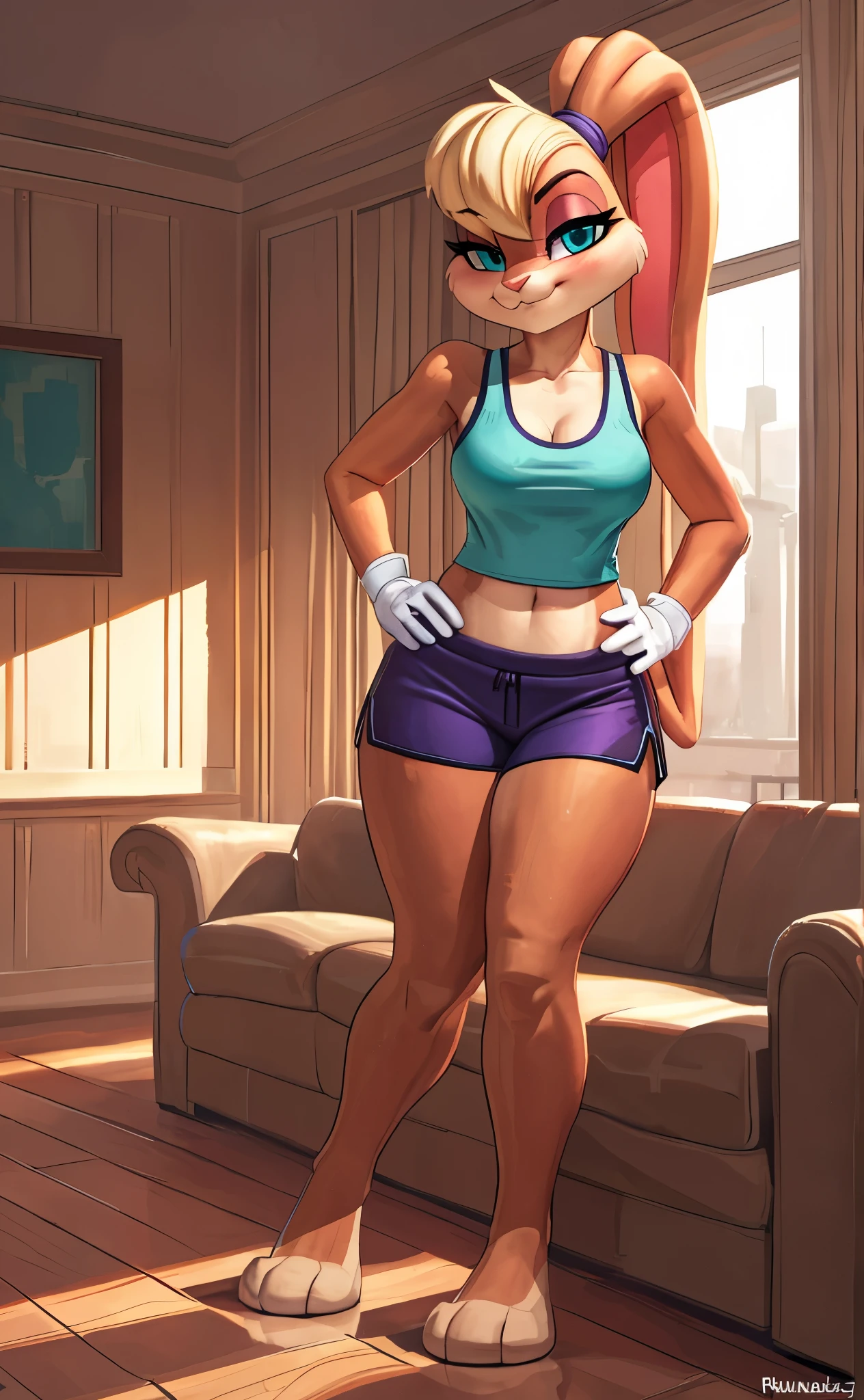 [lola bunny], [Uploaded to e621.net; (Pixelsketcher), (wamudraws)], ((masterpiece)), ((high res)), ((HD)), ((solo portrait)), ((full body)), ((front view)), ((feet visible)), ((furry; anthro)), ((detailed fur)), ((detailed shading)), ((beautiful render art)), ((intricate details)), {anthro rabbit; (slim figure), (beige fur), pink nose, (cute blue eyes), (half-closed eyes), (long eyelashes), short blonde hair, (blonde bang), (ears in ponytail), (fluffy tail), (small boobs), (curvy hips), (thick thighs), (beautiful legs), (beautiful feet), (blushing), (cute smirk)}, {(teal tank top), (cleavage), (navel), (purple shorts), (white gloves)}, {(standing), (hands on hip), (looking at viewer)}, [background; (living room), (couch), (window), (blue sky), (sun rays)]