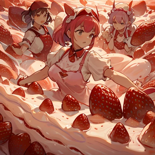 A pastry chef covered in strawberry parfait serving a giant strawberry、Amazing dynamism、Amazing Angle、Unstable buoyancy sandstorm、(((Many friendly strawberries float closely together and chase each other.)))。surround each other'strawberry、