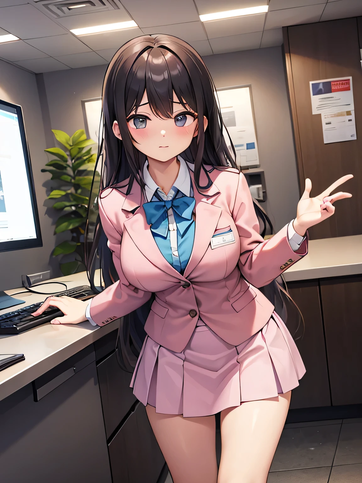 1, There are men and women behind the counter..
2,the woman is the receptionist, She is wearing a pink blazer and a pink skirt., An unfriendly person who hates men.
3,The man is an employee of this company、I'm asking the receptionist to come with me.。.
4,The location is the company's large reception counter., The company logo is written in large letters on the back..