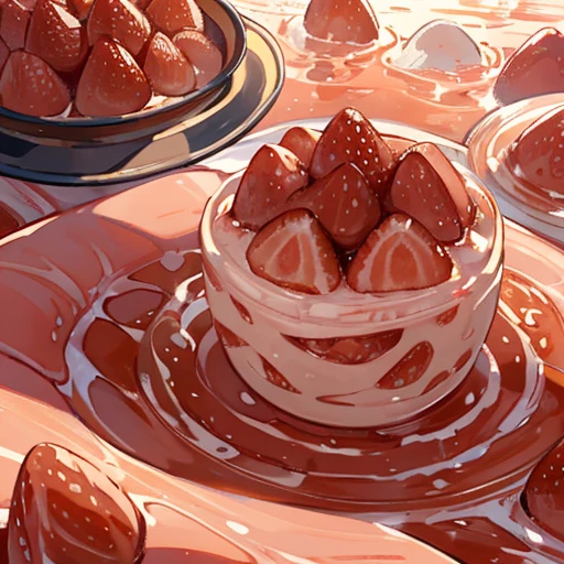 Strawberry parfait ramen covered pastry chef serving strawberries、Amazing dynamism、Amazing Angle、Unstable buoyancy sandstorm、(((Many friendly strawberries float closely together and chase each other.)))。surround each other'strawberry、