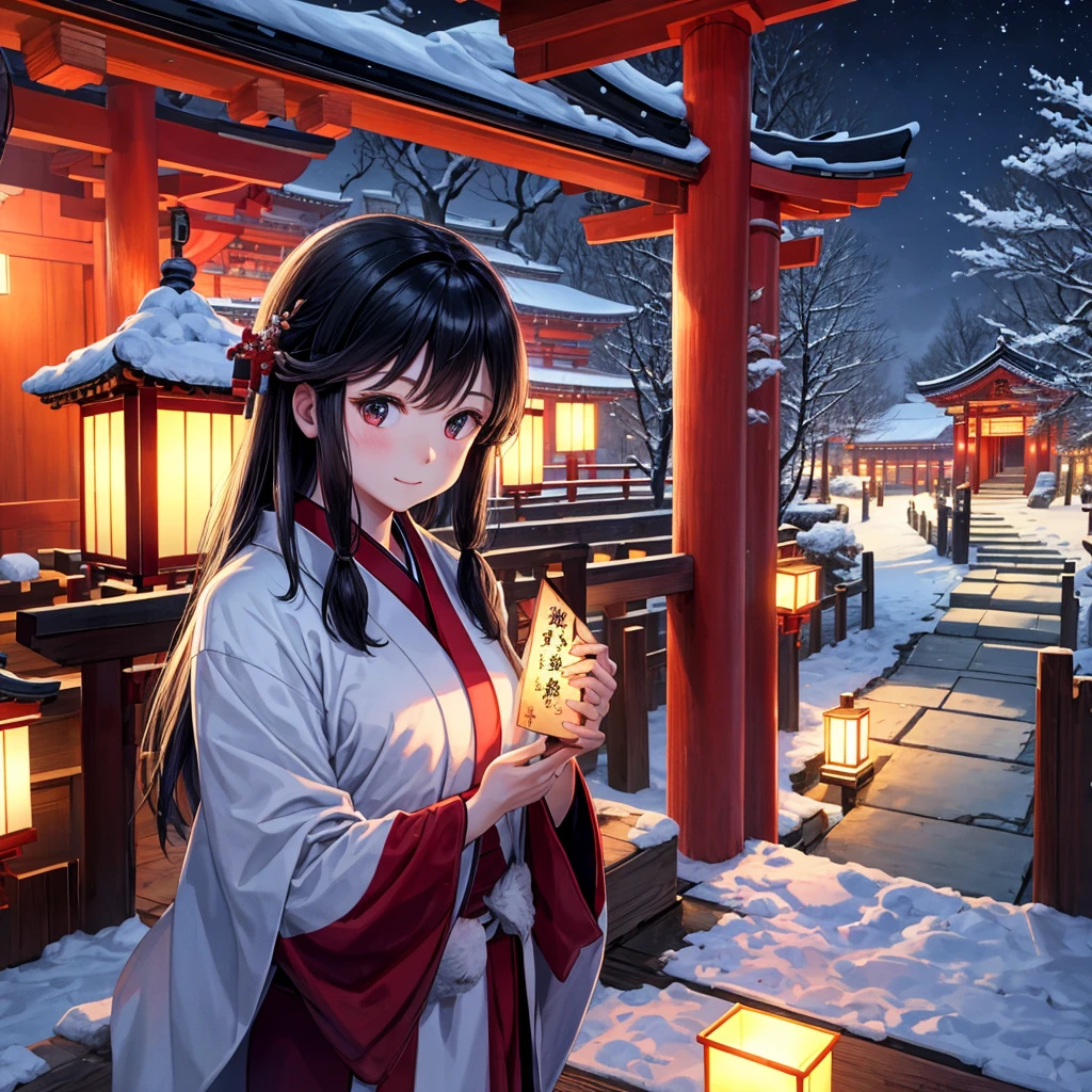 top-quality、best hand、Best fingers、A woman visiting a shrine at night、Winter scenery、kimono