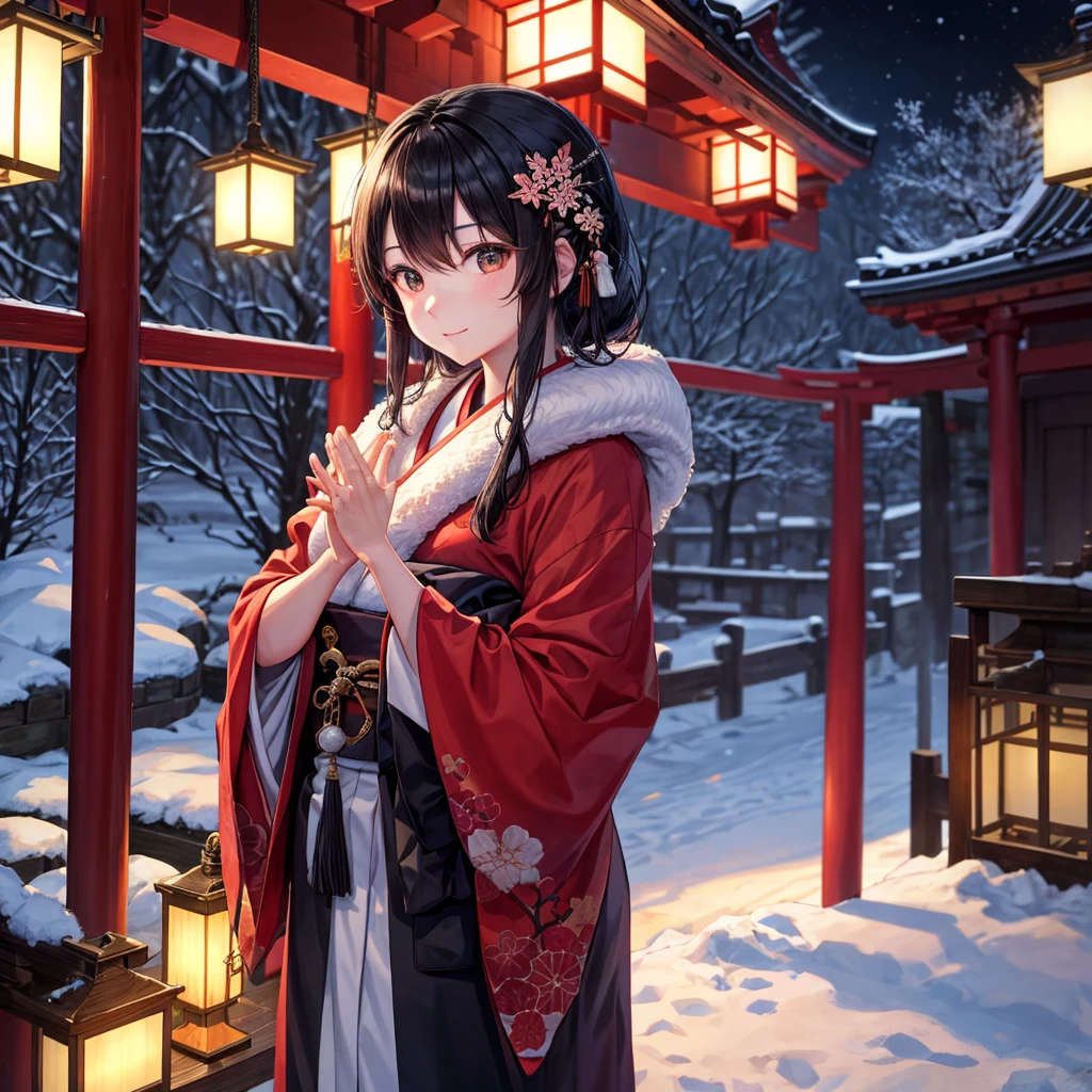 top-quality、best hand、Best fingers、A woman visiting a shrine at night、Winter scenery、kimono