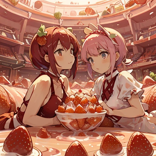 Strawberry parfait ramen covered pastry chef serving strawberries、Amazing dynamism、Amazing Angle、Unstable buoyancy sandstorm、(((Many friendly strawberries float closely together and chase each other.)))。surround each other&#39;strawberry、