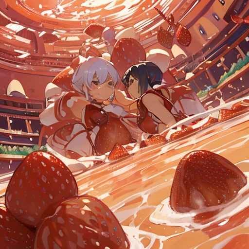 Strawberry parfait ramen covered pastry chef serving strawberries、Amazing dynamism、Amazing Angle、Unstable buoyancy sandstorm、(((Many friendly strawberries float closely together and chase each other.)))。surround each other'strawberry、