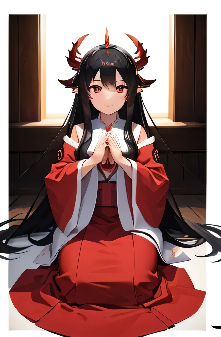 Highest quality dragon shrine maiden, Whole body, Black hair (Long hair (Cleanliness)) pure prayer (coming) White background