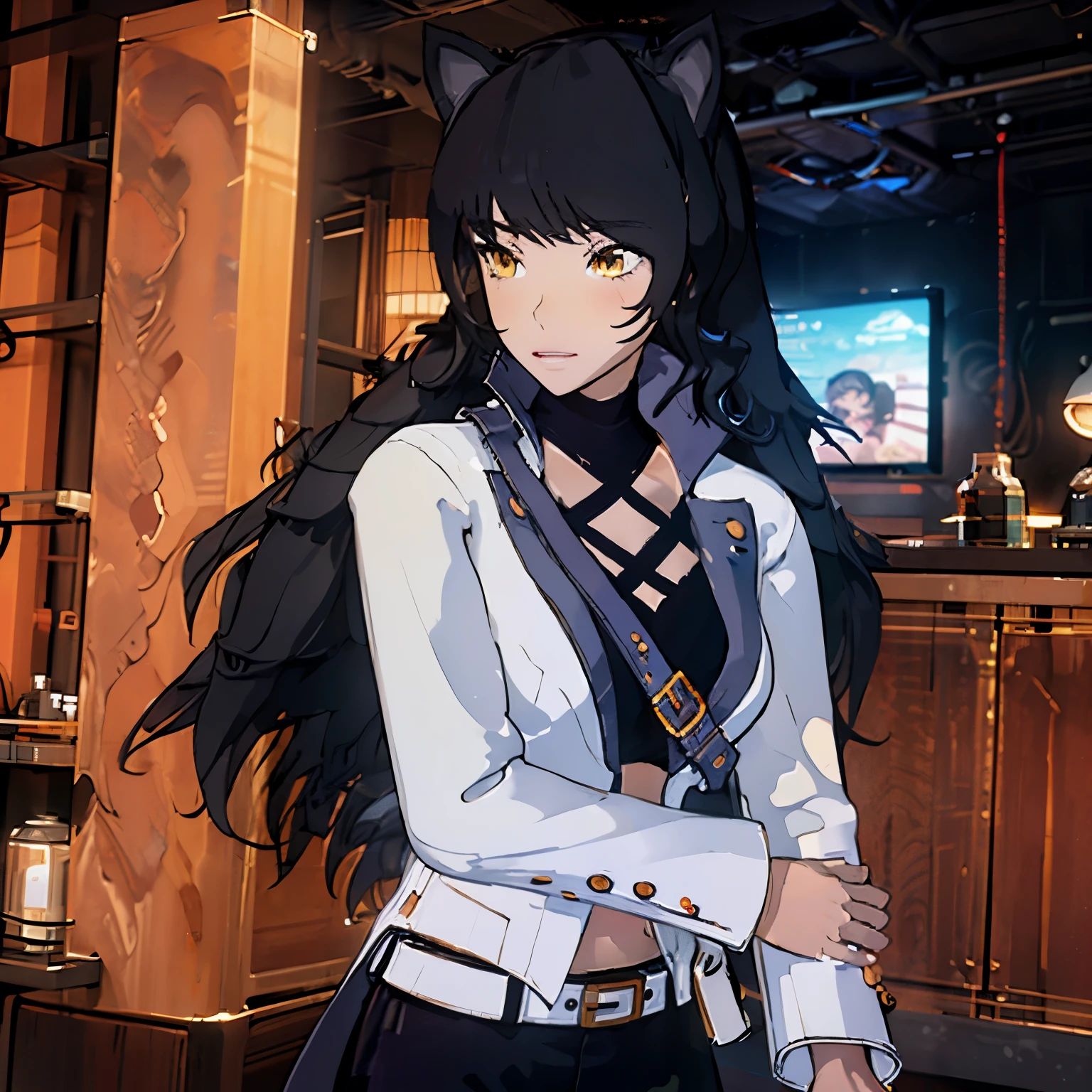 Blake_RWBY, 1girl, solo, black hair, long hair, cat ears, animal ears, yellow eyes, belt, midriff, pants, jacket,