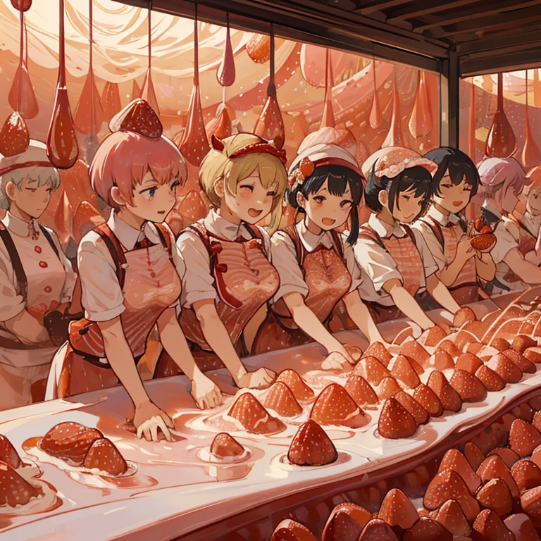 Strawberry parfait ramen covered pastry chef serving strawberries、Amazing dynamism、Amazing Angle、Unstable buoyancy sandstorm、(((Many friendly strawberries float closely together and chase each other.)))。surround each other'strawberry、